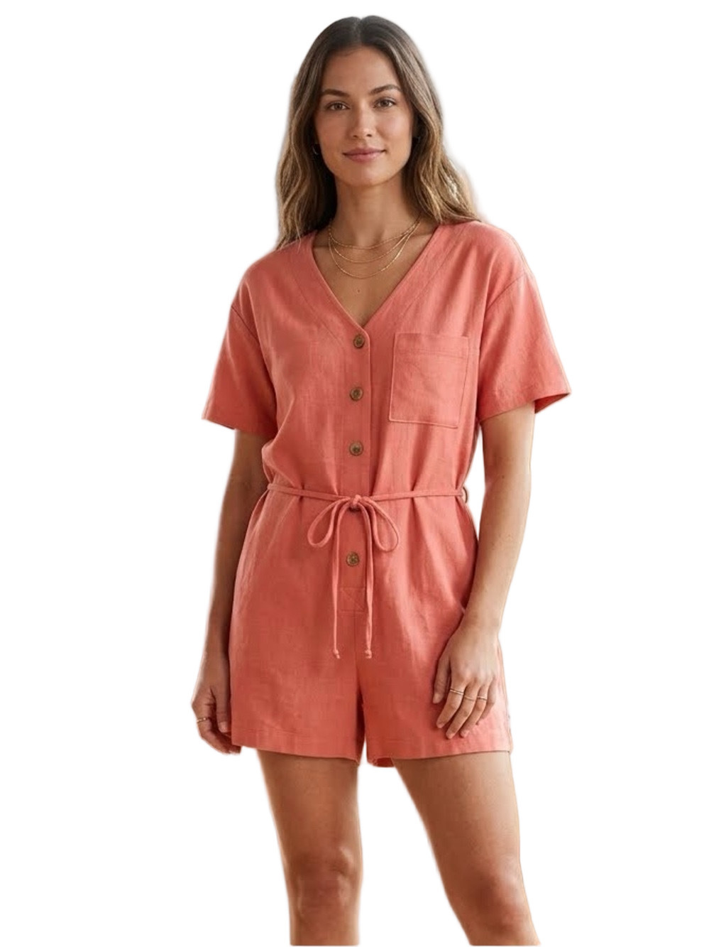 Old Navy Coral Button-Front Short-Sleeve Romper Size M NWT